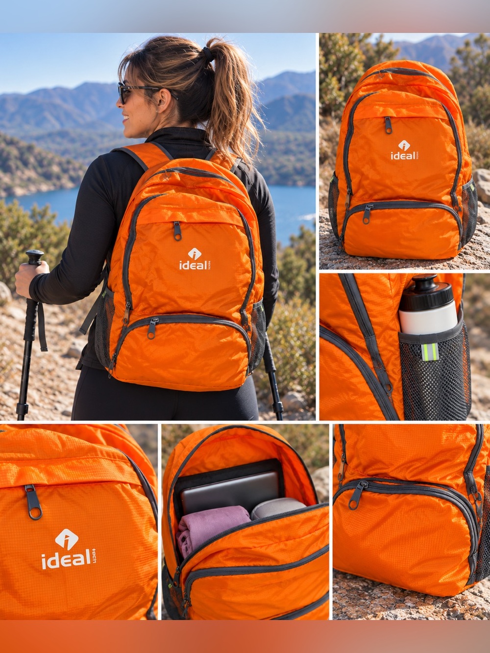 IdealTech Lightweight Nylon Packable Hiking Travel Backpack Orange Outdoor